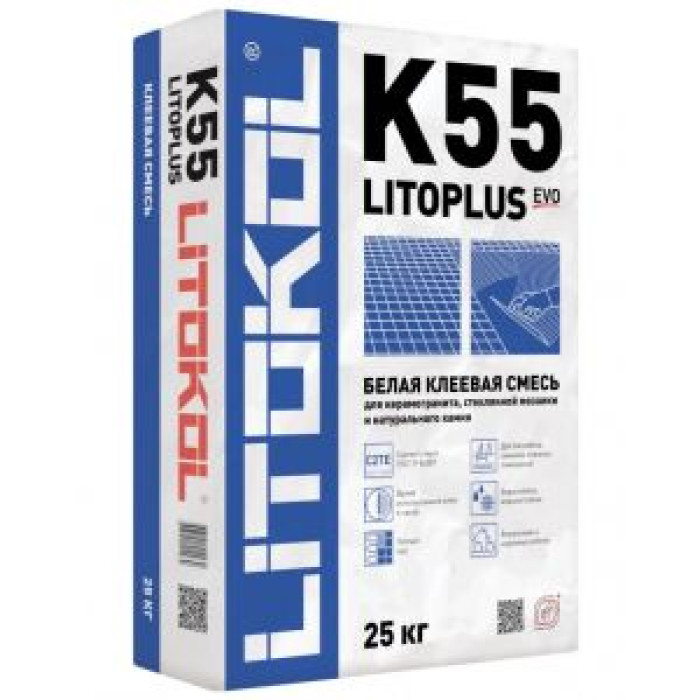 Клей для стеклянной мозаики и плитки Litokol Litoplus K55 (белый) 25 кг Клей для стеклянной мозаики и плитки Litokol Litoplus K55 (белый) 25 кг